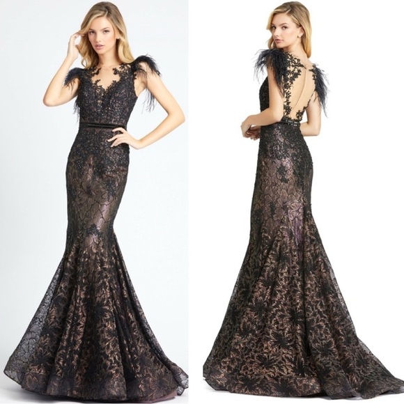 MAC DUGGAL 79230 NWT Embellished Feather Cap Sleeve Illusion Neck Trumpet Gown - Picture 1 of 8